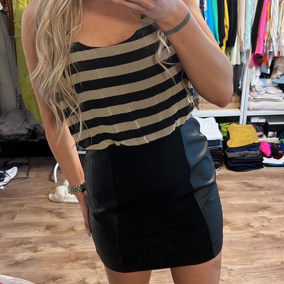 Lush Striped Blouson Dress with Faux Leather Panels - Picture 11 of 12